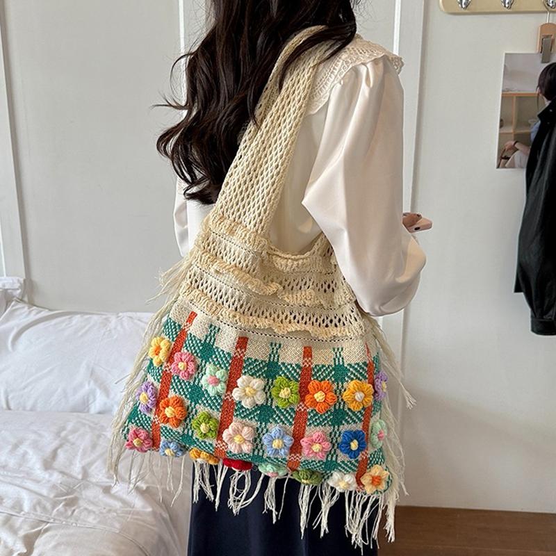 Fashion Crochet Knit Shoulder Tote Bag with Colorful Flower Tassel Womens Shoulder Bag for Vacation Shopping and Daily Outing Ladies' Holiday Gifts