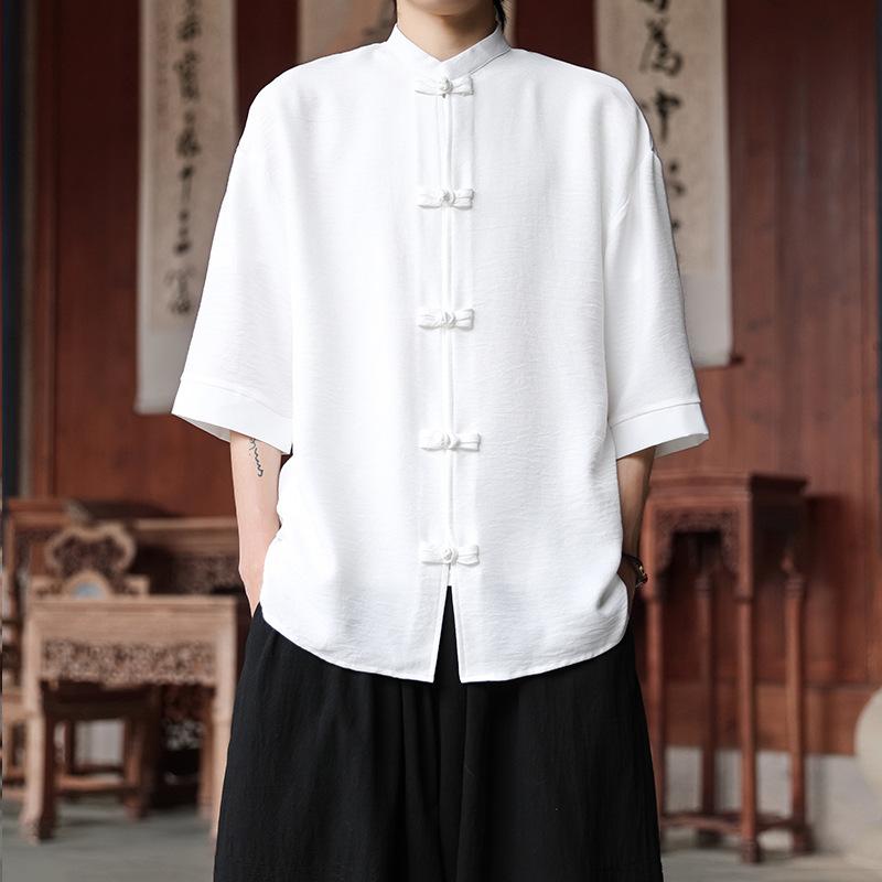 Summer Thin Anti-wrinkle Ice Silk Shirt Men s Large Size Loose Five-point Sleeve Tang Suit Chinese Men s Chinese Style Hanfu M белый