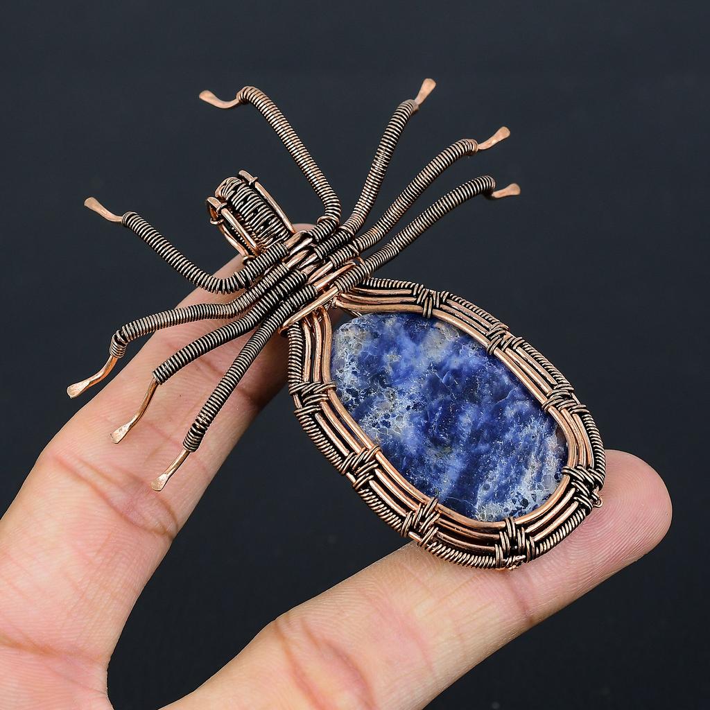 Natural Sodalite Gemstone Handmade Copper Wire Wrap Spider Pendant 2.56" H0t10