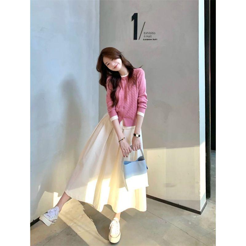 

Kumikumi Чувство дизайна Розовый Имитация двух частей Длинный рукав Вязаный Женский Осень Похудение Юбка Длинное платье Комплект из двух предметов White skirt M One size