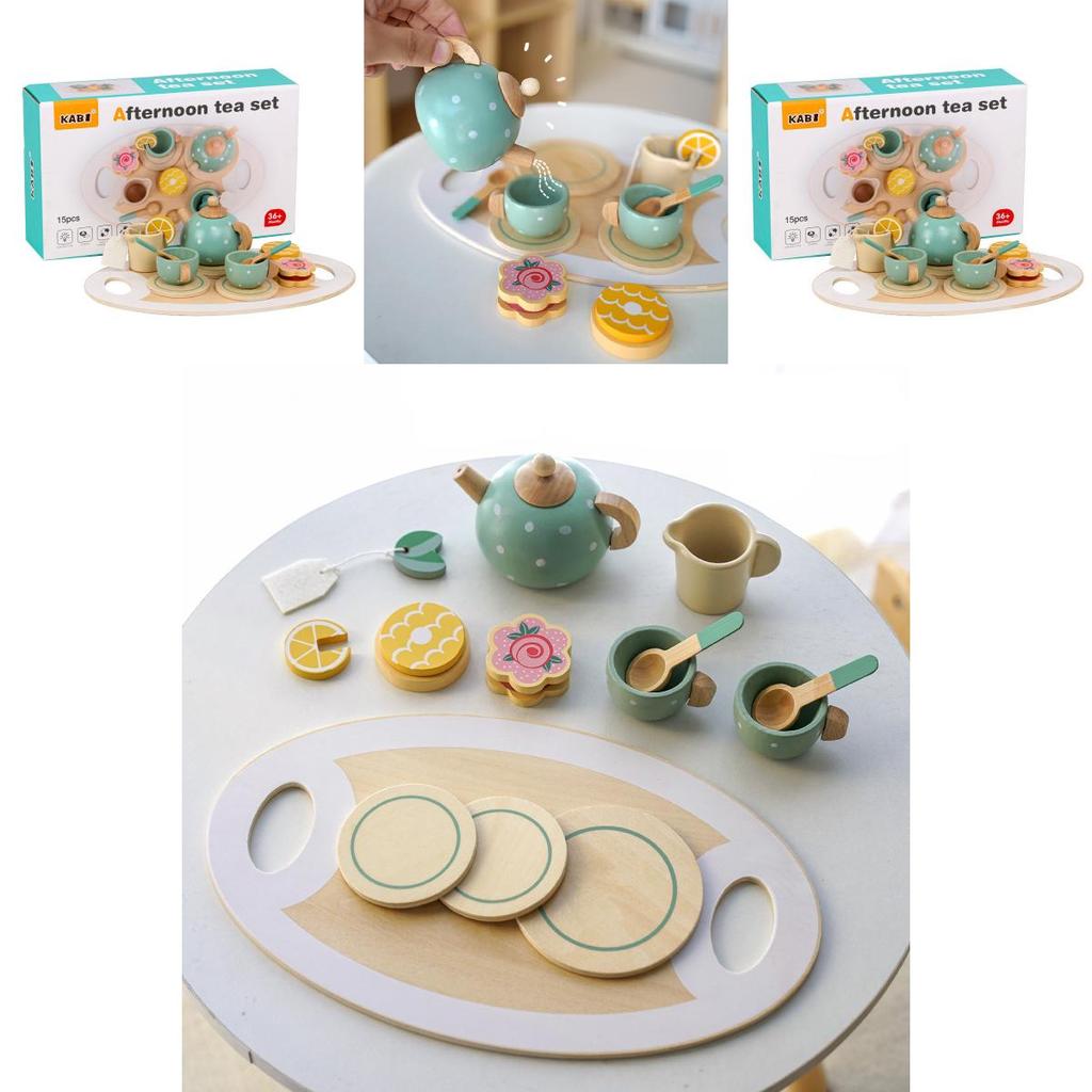 Kid Wooden Tea Set With Pretend Sweets Teapots For Early Education And Role Playing