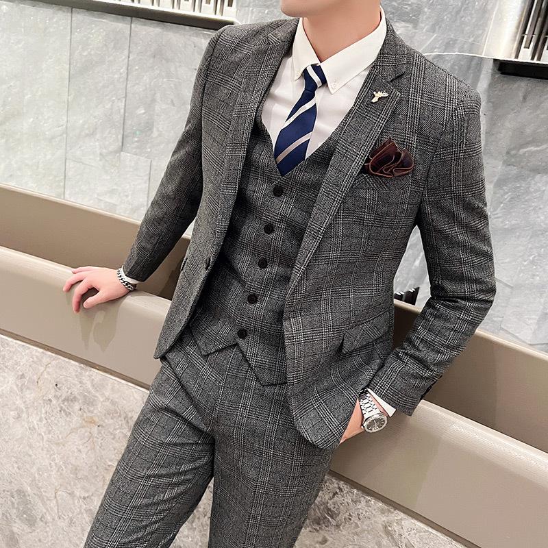 Britisch-koreanische Plaid-Männer (Anzug + Weste + Hose) Stilvoller und schöner dreiteiliger Business-Casual-Anzug