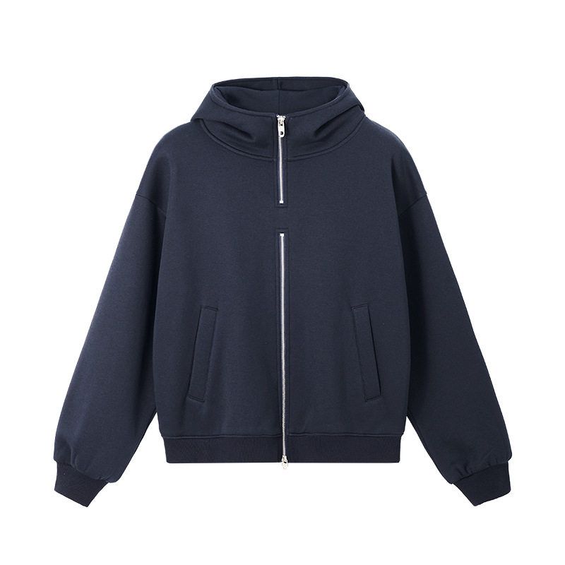 

American Street Style Flame Integrated Fleece Double Zipper Hoodie for Men and Women 2025 Autumn and Winter Trendy Brand Loose Short Jacket Navy Blue X L