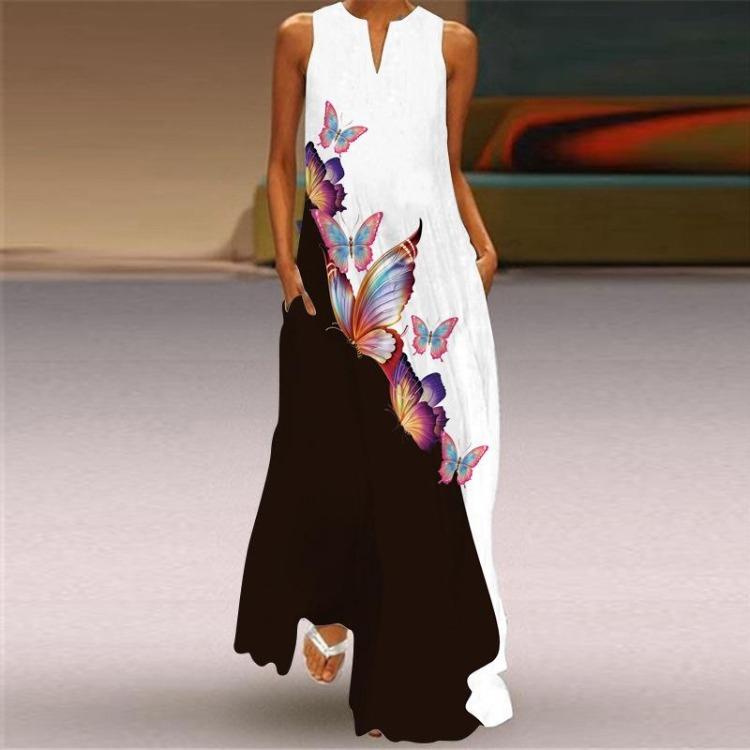 New Spring Summer Women Long Skirt Dress European American Fashion Print Pocket Design