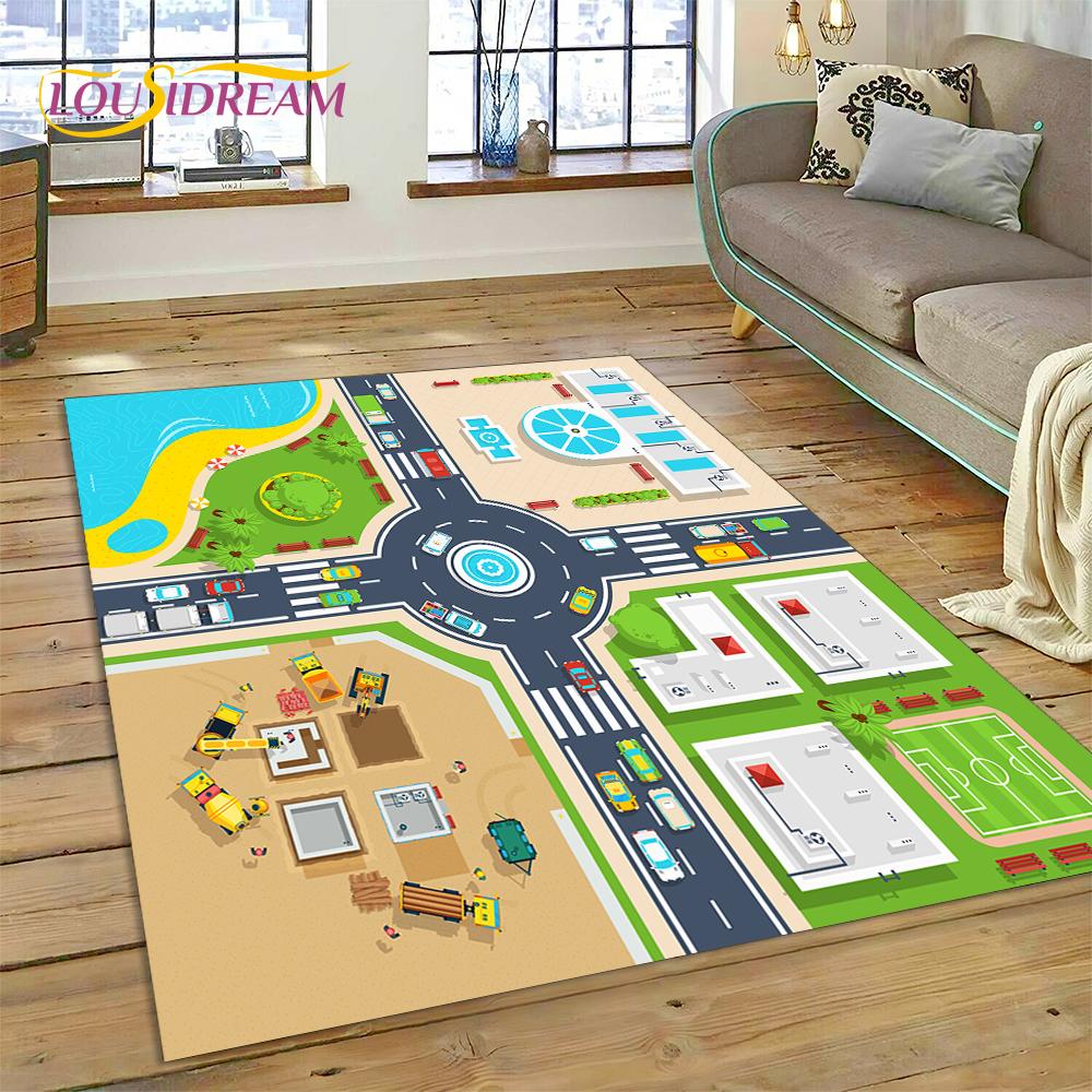 City Traffic Road Map Runway Child PlayMat Highway Playroom Area Rug,Carpet Rug for Living Room Bedroom Sofa Doormat, Non-slip