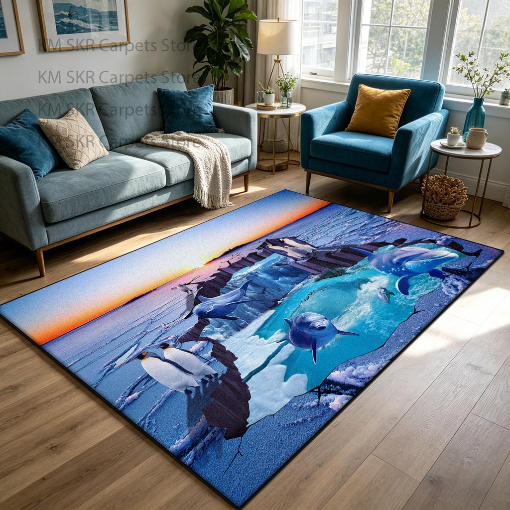 3D Ocean World Living Room Carpet Cute Lounge Décor Machine Washable Non-slip Lounge Rug Soft Fluffy Bedroom Bedside Mat Custom