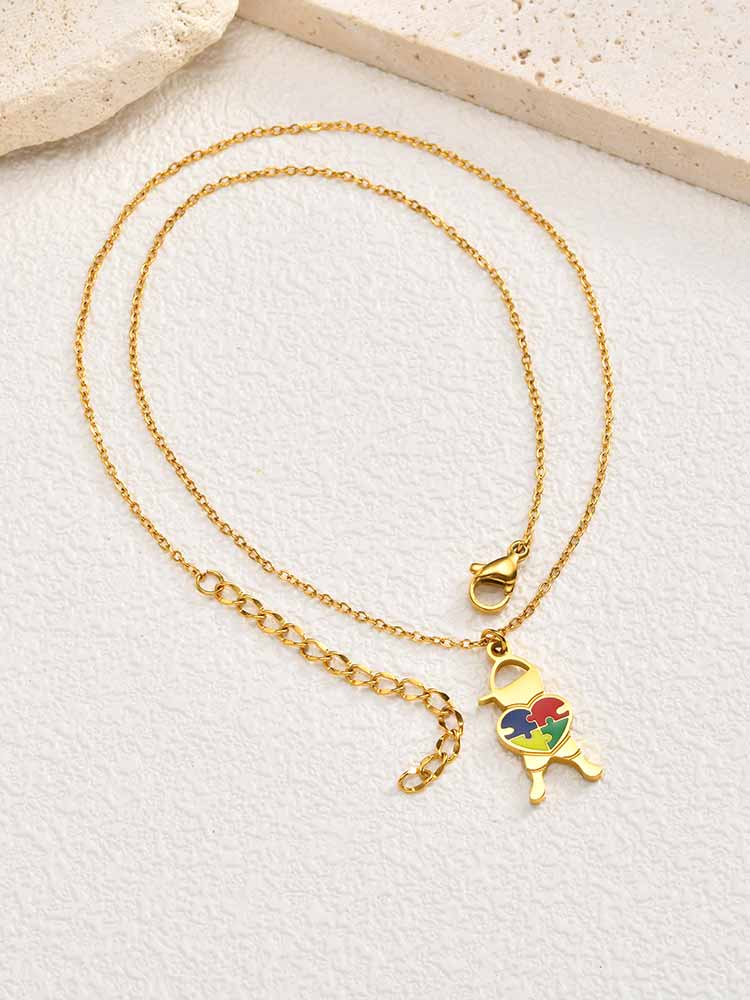 Stainless Steel Heart Puzzle Necklace for Autism Awareness, Gift for Autism Mom Teacher, Teens Girls Boys Jewelry