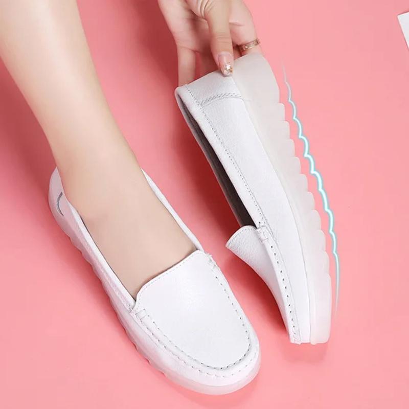 Casual Simple White Hollow Breathable Genuine Leather Flats Platform Loafers Shoes For Women
