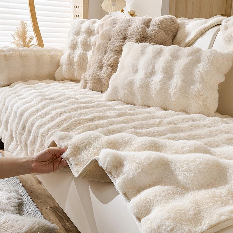 

Плюшевая подушка для дивана из кроличьего меха - Зимний нескользящий роскошный чехол с дополнительной толщиной и плюшевой подкладкой. 70x70 грязно-белый