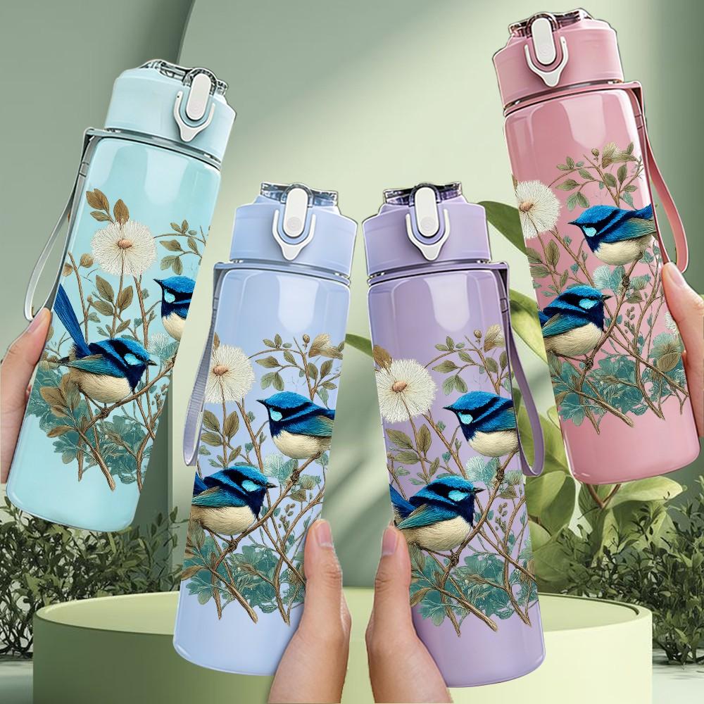 1PC Blue Bird Floral Botanical Print 750ml Color Plastic Sports Water Bottle Leakproof Flip Straw Lid Suitable for Sports Office Home Use