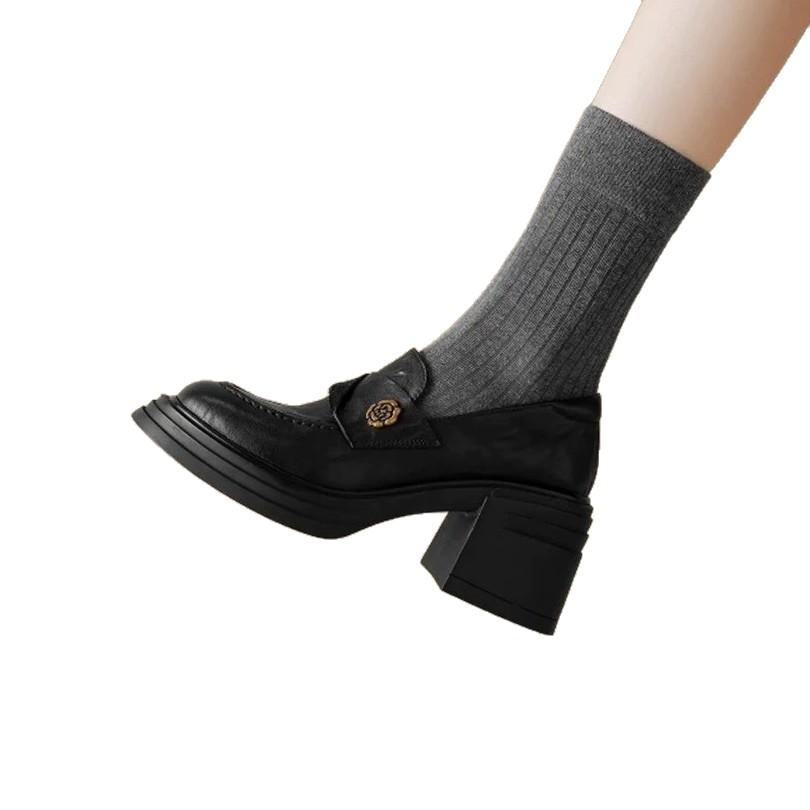Cowhide Version~ British Style Camellia Platform High-heeled Loafers, Small Leather Shoes, Retro Thick-heeled Single Shoes for Women