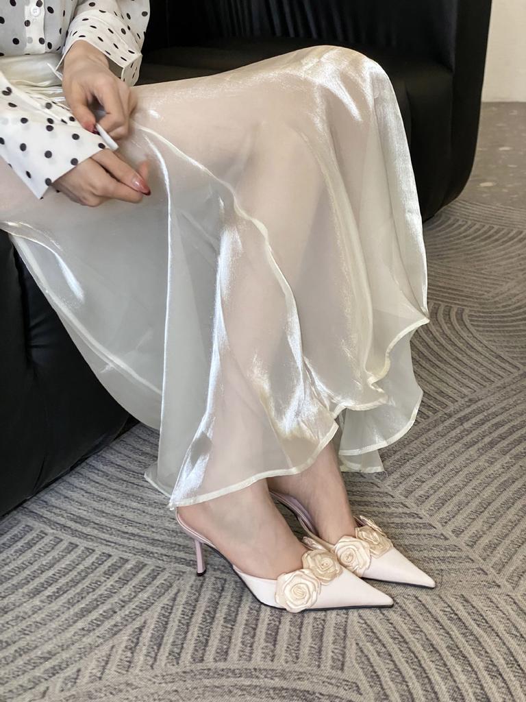Women's Shoes Spring Pointed Toe Thin Heel High Heel Elegant French StyleSatin Flower Closed Toe Mules
