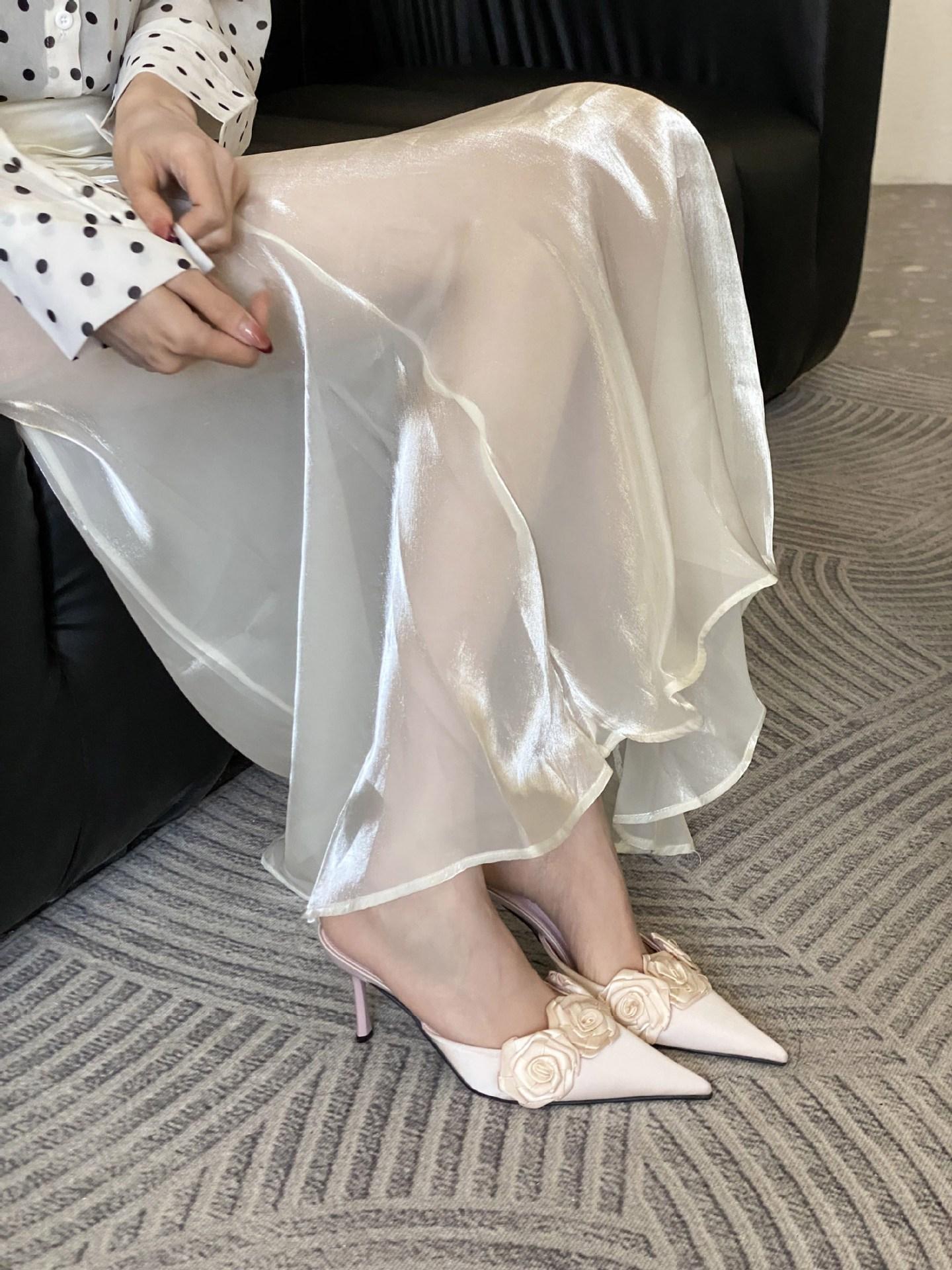 Women S Shoes Spring Pointed Toe Thin Heel High Heel Elegant French Stylesatin Flower Closed Toe Mules 35