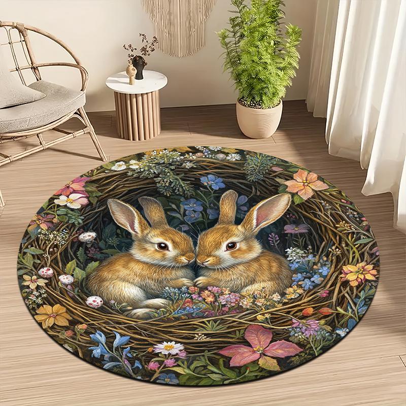 1Pcs Rabbit Floral Round Rug Non-Slip Machine Washable Floor Mat 2D Flat Soft Pastel Area Rug for Living Room Bedroom Easter Decor