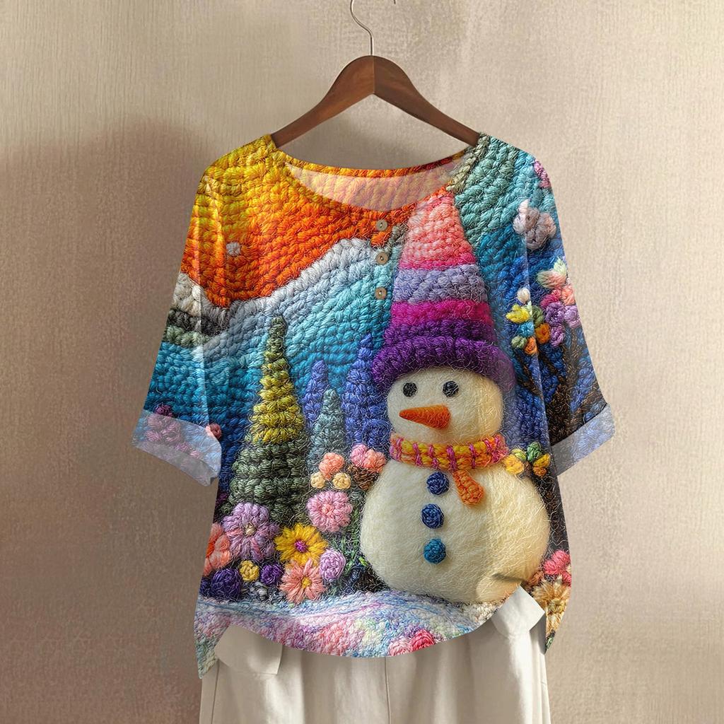 Women's Fashionable And Casual Shirt Half-sleeve Round Neck Print Cotton And Linen Blouse Top