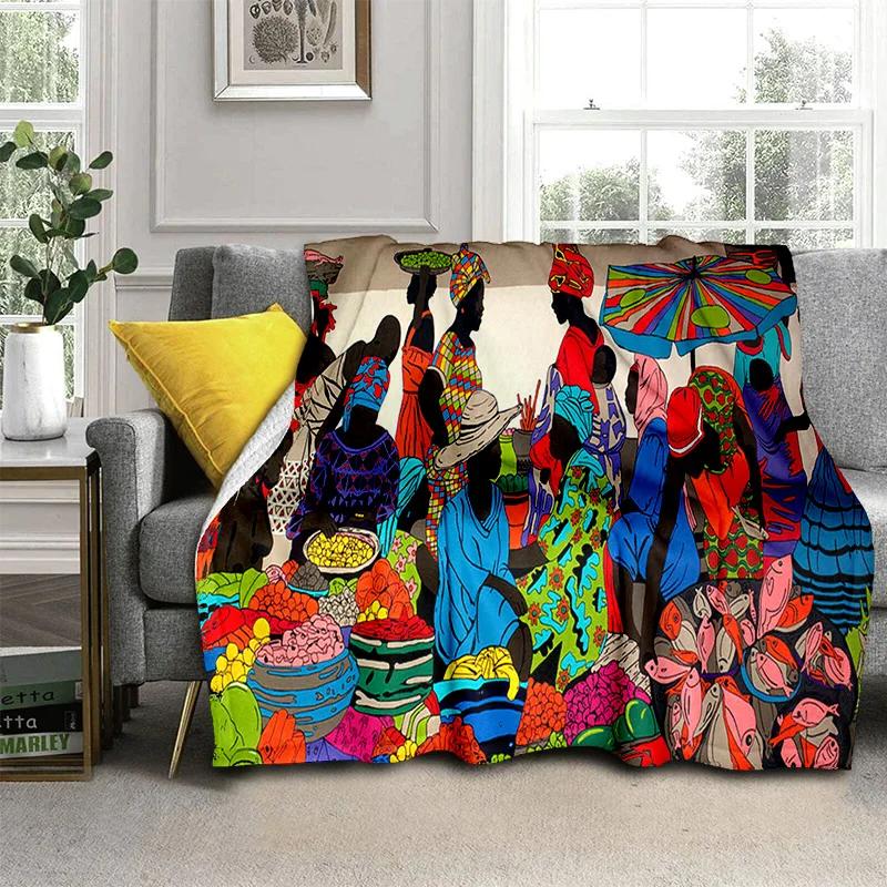 Cartoon Africa Ethiopian Painting Art Soft Flannel Blanket for Bed Bedroom Sofa Picnic,Throw Blanket for Outdoors Leisure