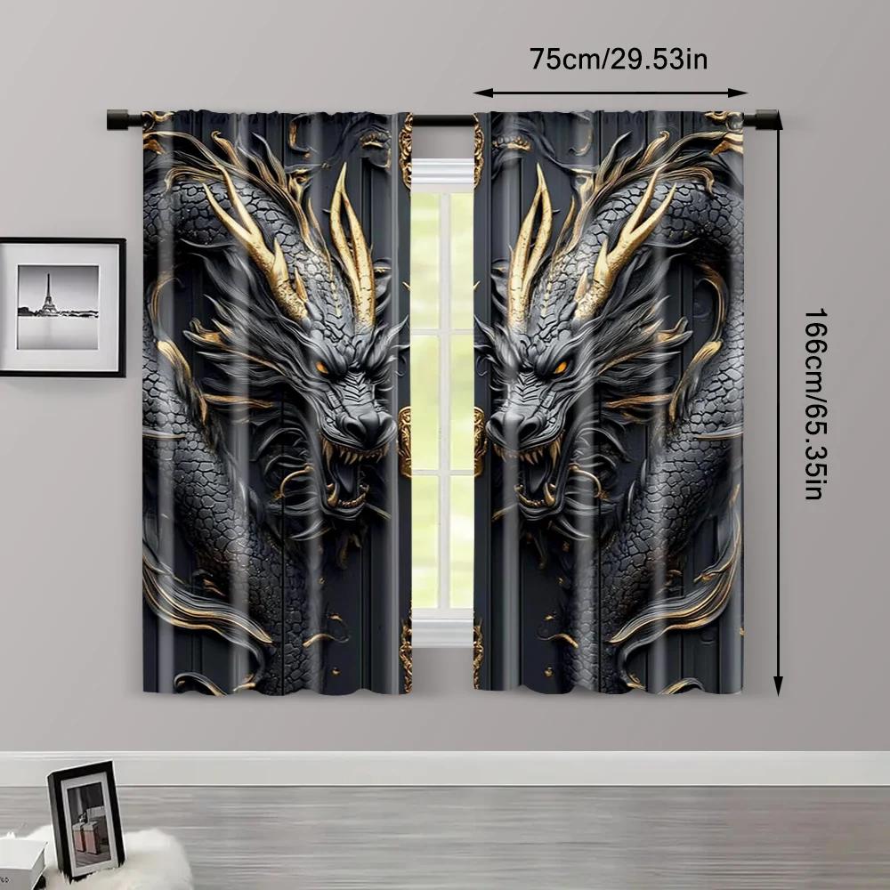 2pcs   Light Filtering Curtains  print Vintage Dragon Totem Black and Golden Versatile Durable Polyester (without rod) Stuff