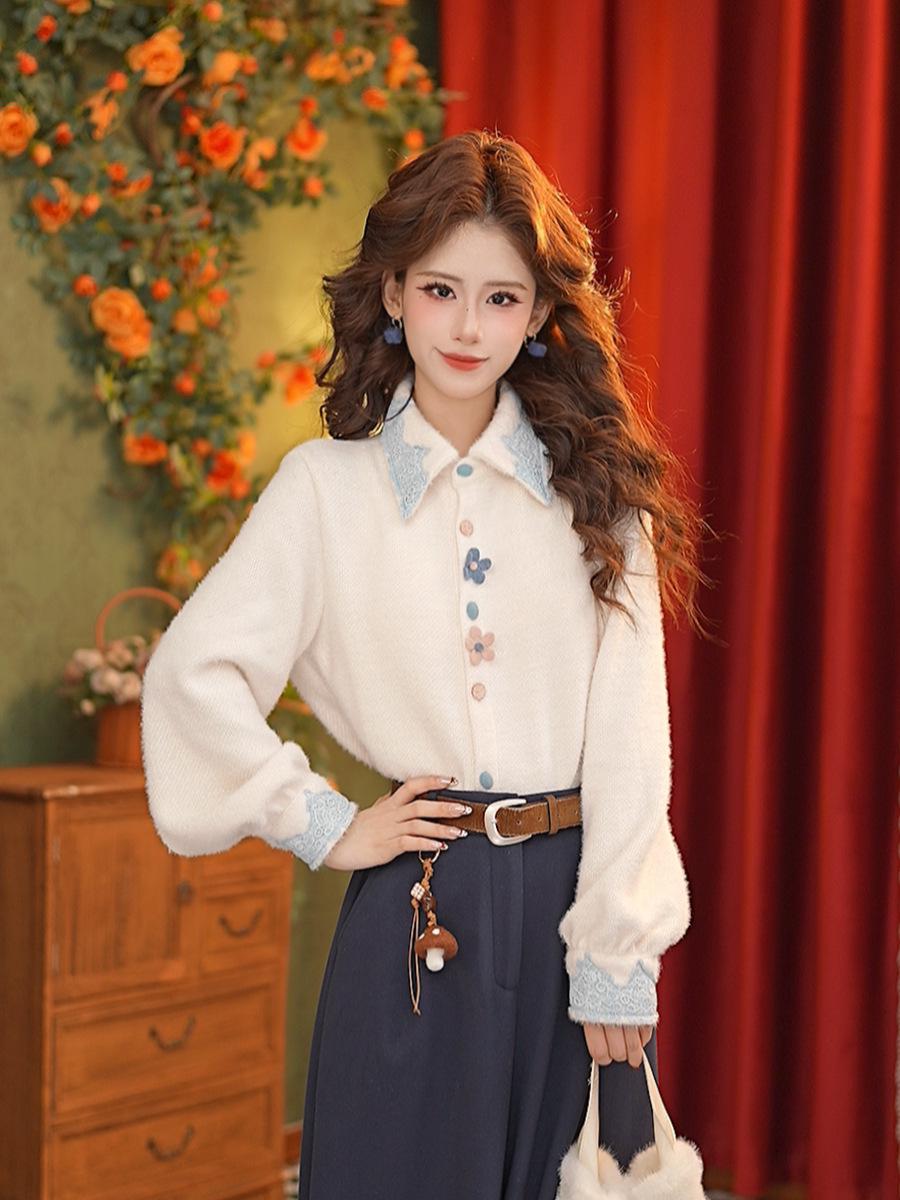 DaYuanSAD Embroidered Lace Long-Sleeved Women s Shirt #G15076 Small абрикосовый