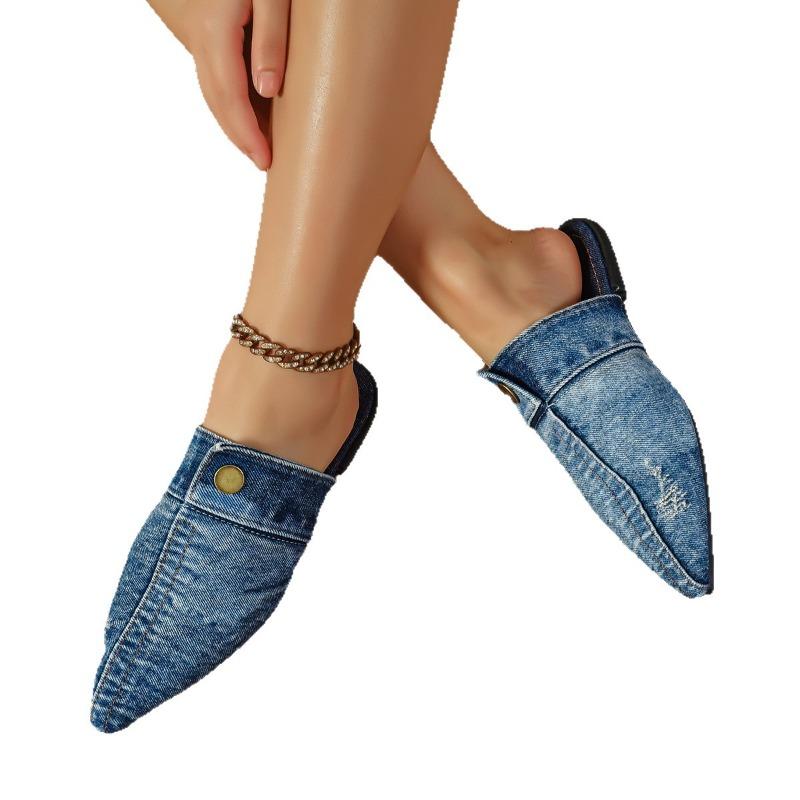 Women’s Pointed-Toe Denim Closed-Toe Slip-On Sandals, Summer Casual Wear, Wide Size