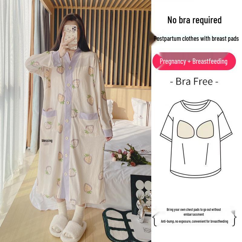 Long Sleeve Maternity Nightgown: Spring & Autumn Breastfeeding Pajamas with Cardigan for Pregnant Women