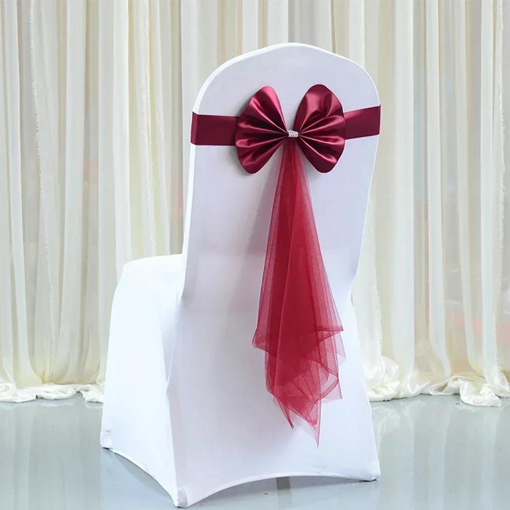 10Pcs Bow Elastic Chair Sashes Cover Bands For Wedding Party Hotel Decorations Wedding Party Event 24*6 Cm/9.45*2.36 Inch