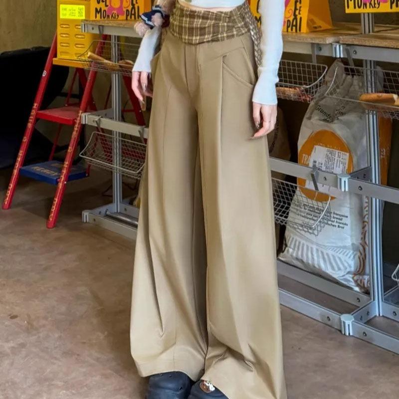 Damen karierte Patchwork-Sweatpants mit weitem Bein, elastischer Bund, lässige Hose