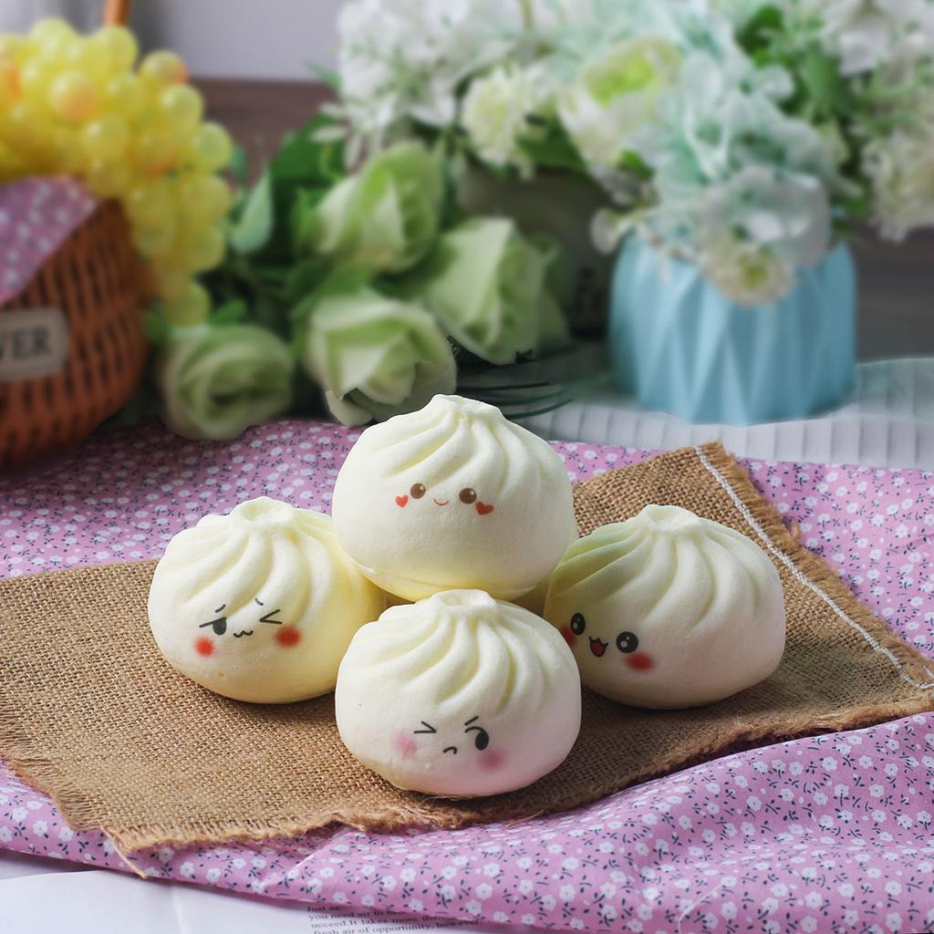 White Expression Dumpling Squishes Stress Balls Fidget Sensory Toys Simulation Food Squishies Bun With Steamer Dough Ball Gifts