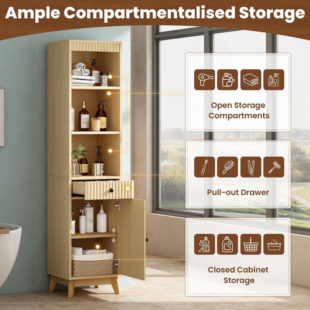 Tall Freestanding Bathroom Cabinet, Vertically Fluted Fronts, Reversible Left-Right Door, Drawer, Soft-Close Hinges, 40×36×172 Cm, Natural Wood Color