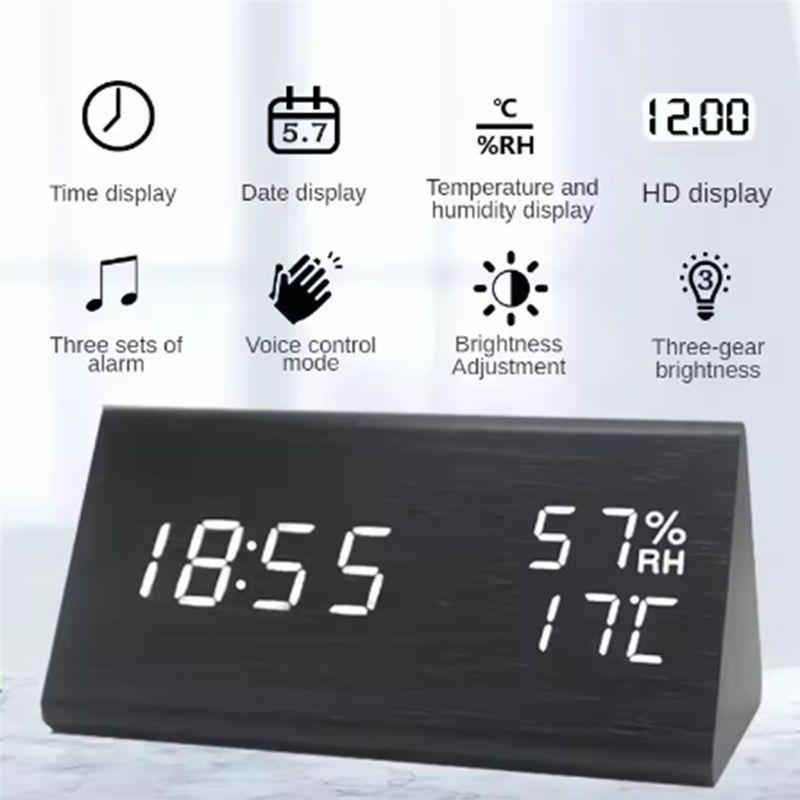 M-Modern-LED Student Clock Simple Wooden Clock Temperature Display Sound Control Clock Desktop Home Decorative Ornaments