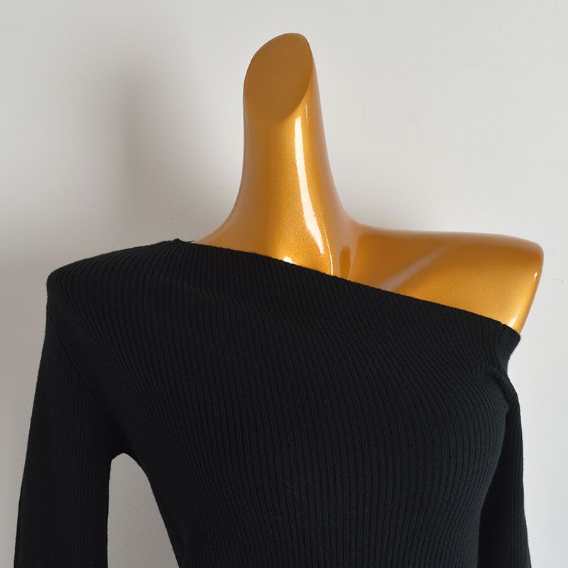 & Fall New Arrival Pure Color One-Shoulder Cold-Shoulder Long Sleeves Bottoming Shirt Women's Clothing Silm Slimming and Short Pullover Knitwear Tops