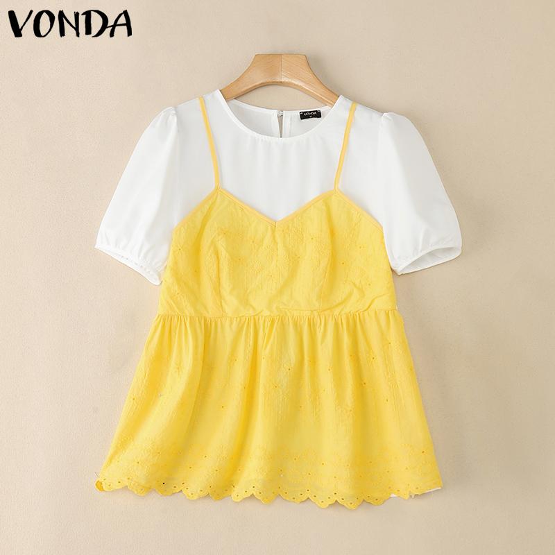 VONDA Women Short Sleeve Front Crochet Patchwork Fake Two Pieces Blouse
