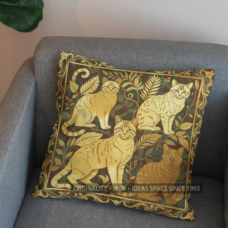 2D Golden Cats With Branches Pattern Pillow Cover Pattern Cushion Cover Suitable For Sofa Bedroom Car Pillow Cover