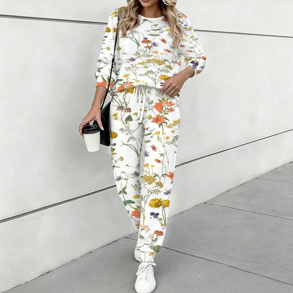 Women Floral Print Two Piece Outfit, Long Sleeve Crew Neck Top & Drawstring Jogger Pants Casual Tracksuit for Spring Autumn