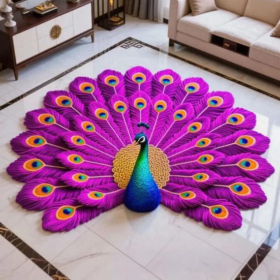 Tapete de Chão Estampa Pavão 3D Macio Antiderrapante Decorativo Tapete Casa Sala de Estar Quarto Porta Fácil de Limpar Carpete
