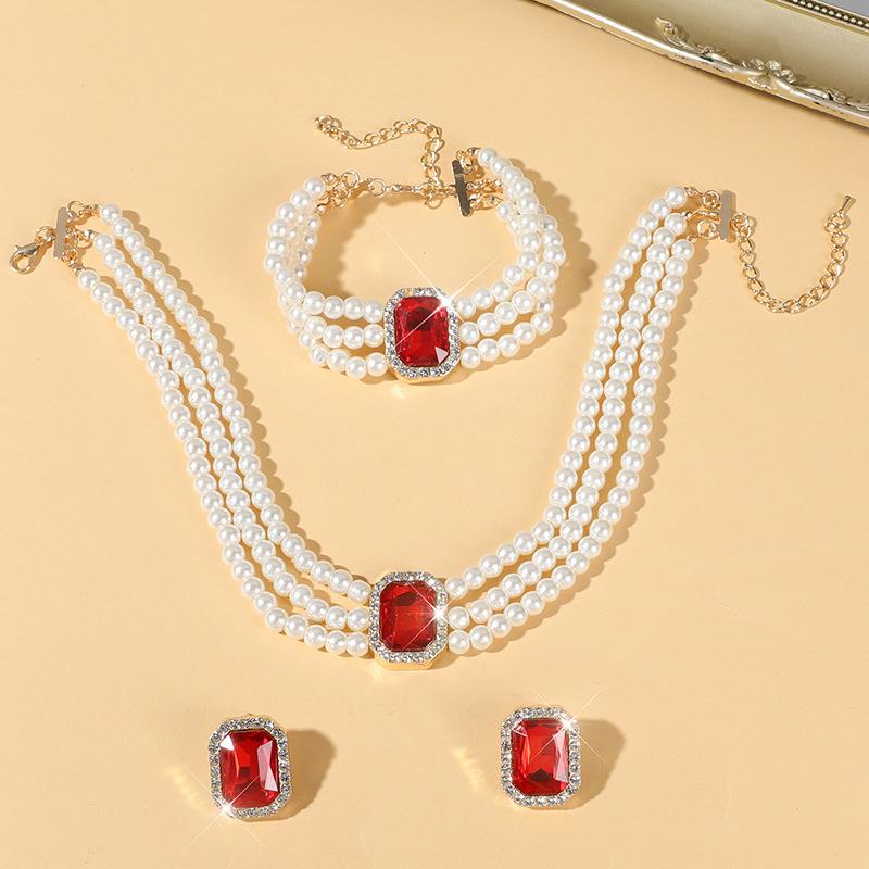 Pearl Neck Chain Geometric Bride Multilayer Imitation Pearl Crystal Necklace Stud Earrings Bracelet Set Women