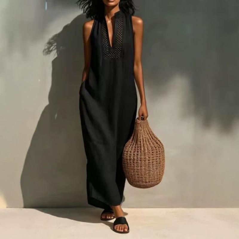 Summer White Sleeveless Hollow V-neck Dress, Holiday Style Loose Dress