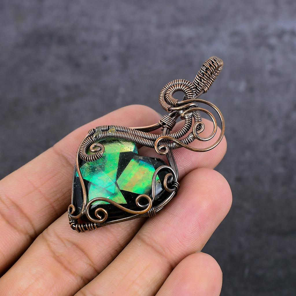 Natural Dichroic Glass Gemstone Copper Wire Wrap Jewelry Pendant 2.60" B0b72