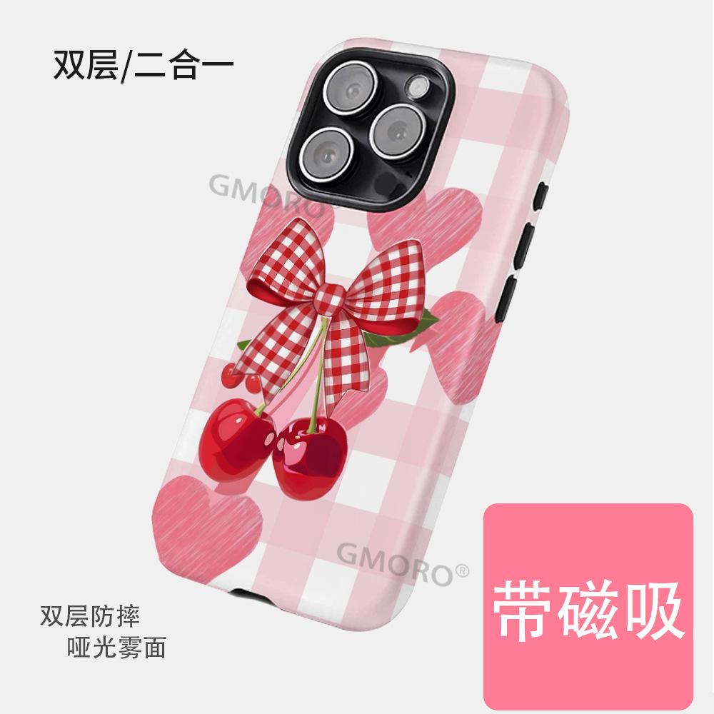 [Magsafe Magnetic Suction] Plaid Cherry Bow Film Case iP17PM Mobile Phone Case Apple 13 Protective Case