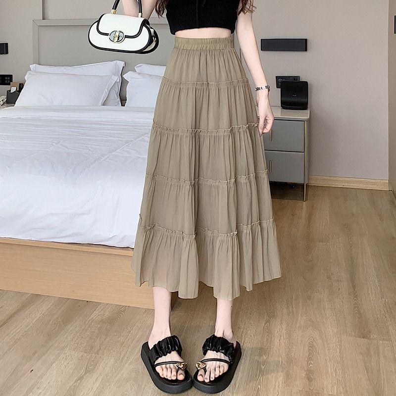 Women's Summer Ruffled Tencel Chiffon A-Line Tiered Skirt Mid-Length High Waist Slimming Skirt