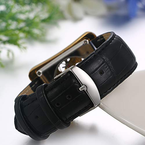 JEWELRYWE Herrenuhr mit Lederarmband, Stilvolles Wasserdichtes Automatikwerk, Skelett-Design, Antiker Stil, Quadratische Form, Gold