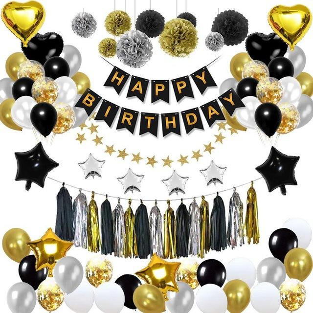 Birthday Party Decoration Set Black Gold Theme Birthday Arrangement Rain Curtain Flag Party Decoration Balloon