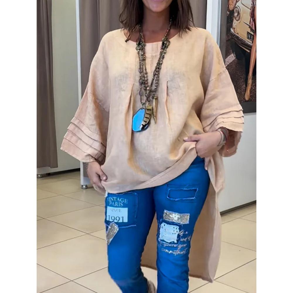 Women's Casual and Fashionable Solid-color Round-neck Pullover Shirt