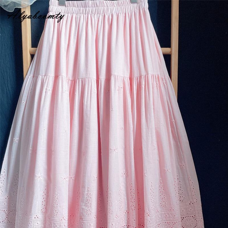 Japanischer Mori Girl Frühling Sommer Damen Midi Rock Hohe Taille Rosa Ausgeschnittener Rock Baumwolle Weich Florale Stickerei Süße Röcke Damen