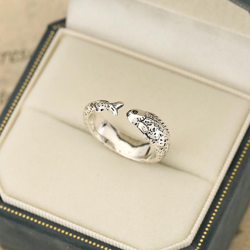 Niche Simple Fish Shaped Ring Distressed Gold Vintage Adjustable Ring Silver Alloy Retro Open Ring Unisex