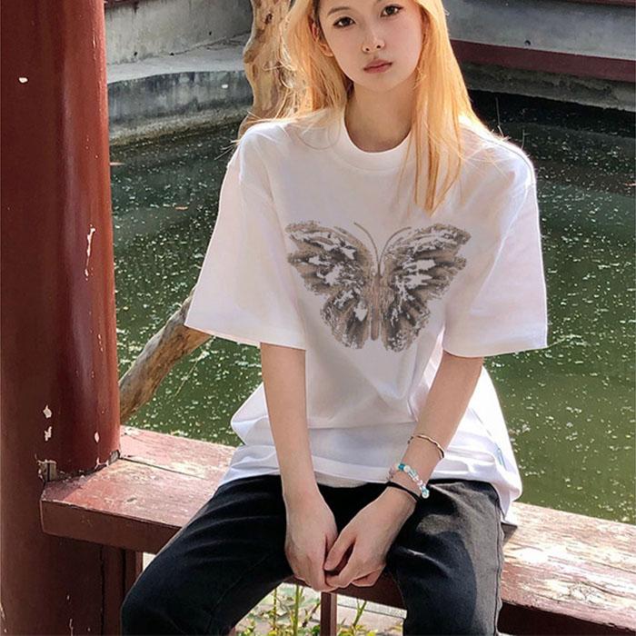 Ladies Summer Short Sleeve Round Collar Casual Teenager Pullover Oversize Butterfly Printed Cotton T Shirt Top