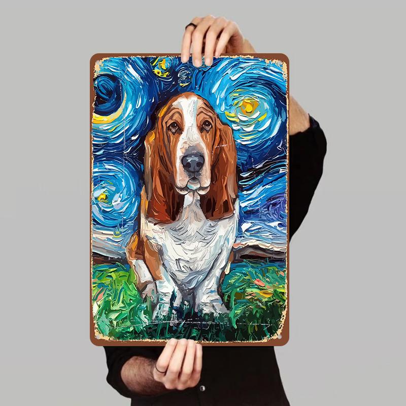 

Van Gogh Starry Night Basset Hound Metal Wall Art Modern Home Decor Living Room Bedroom Decoration Painting 7.9x11.8In(20x30cm)