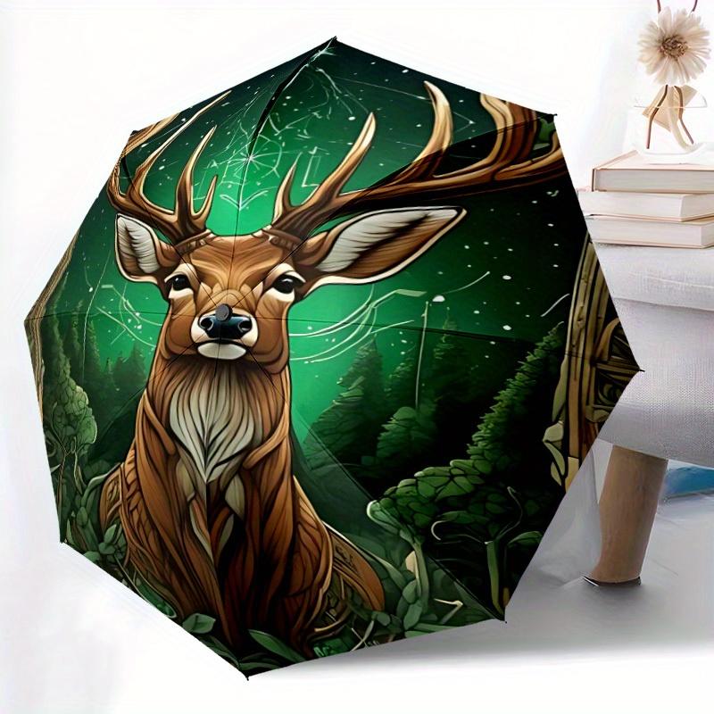 1pc Deer Forest Automatic Umbrella with 8-Rib Compact Design, Foldable & Portable for Outdoor Leisure, Everyday Use191
