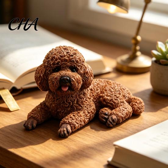 Elegant Poodle Model Realistic Teddy Dog Statue, Desktop Small Pet Model, Cute Laying Sculpture Bookshelf Display Piece for Car Dashboard, Desk,