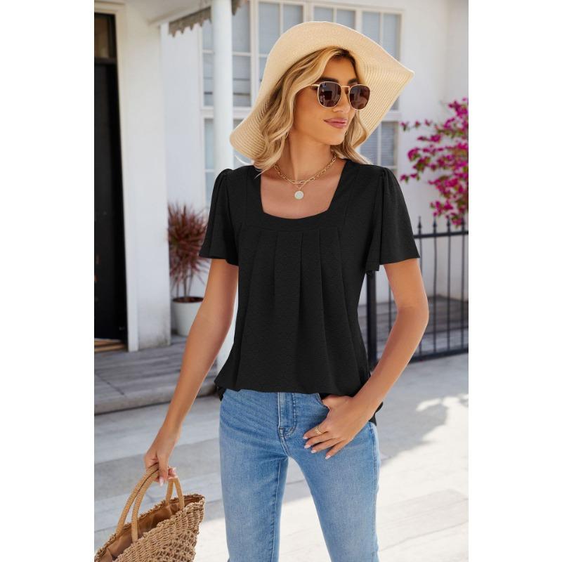 Women's Fashion Casual Summer Spring Solid Color Print Short Sleeve Square Collar Blouses & Shirts