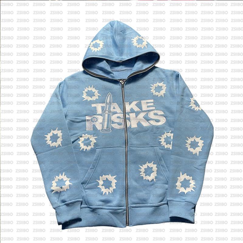 European and American street trend Y2K hip-hop fashion zipper printed loose hoodie